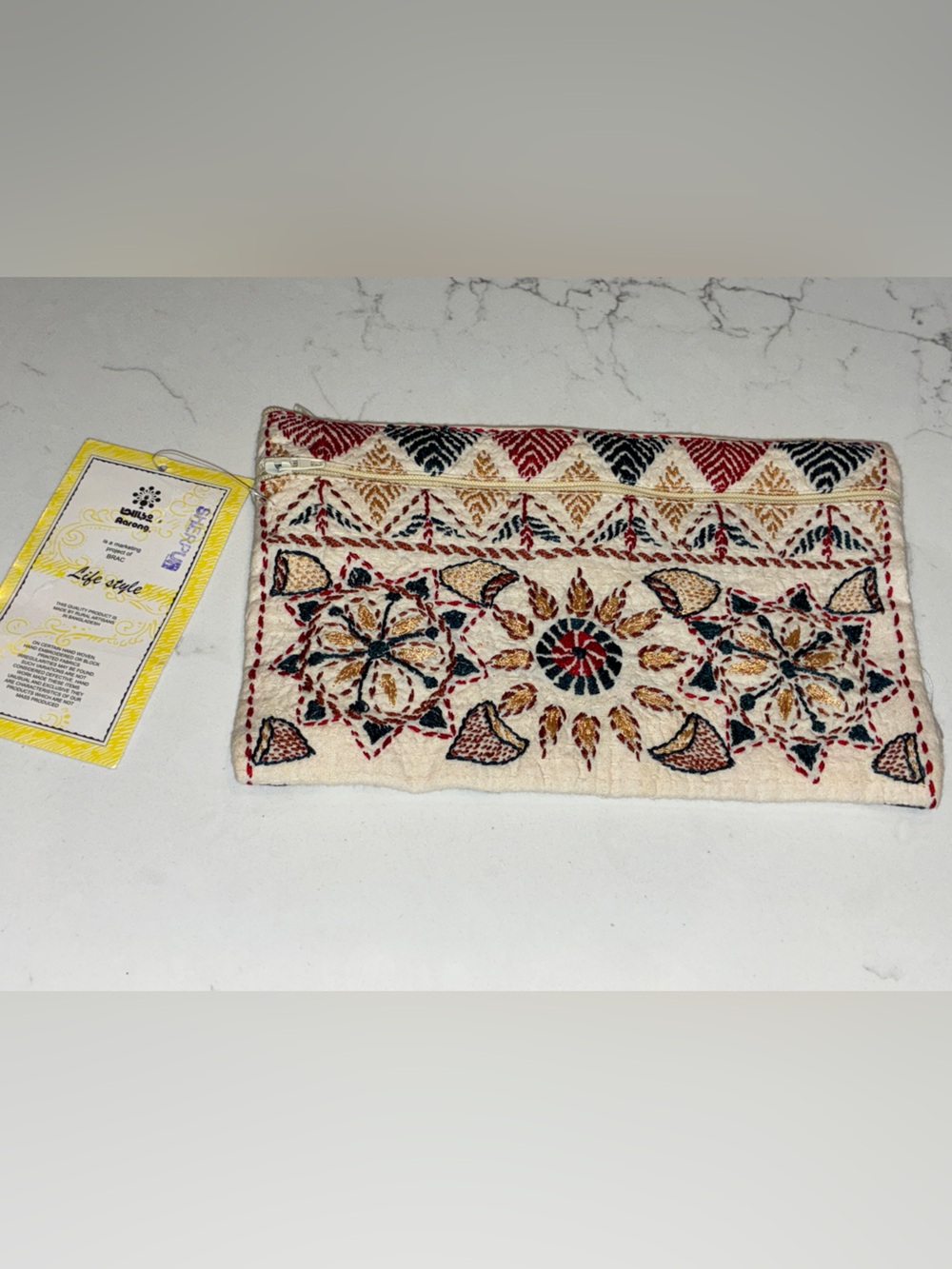 Lailo Aarong Embroidered Cotton Zipper Makeup Bag Pouch Beige